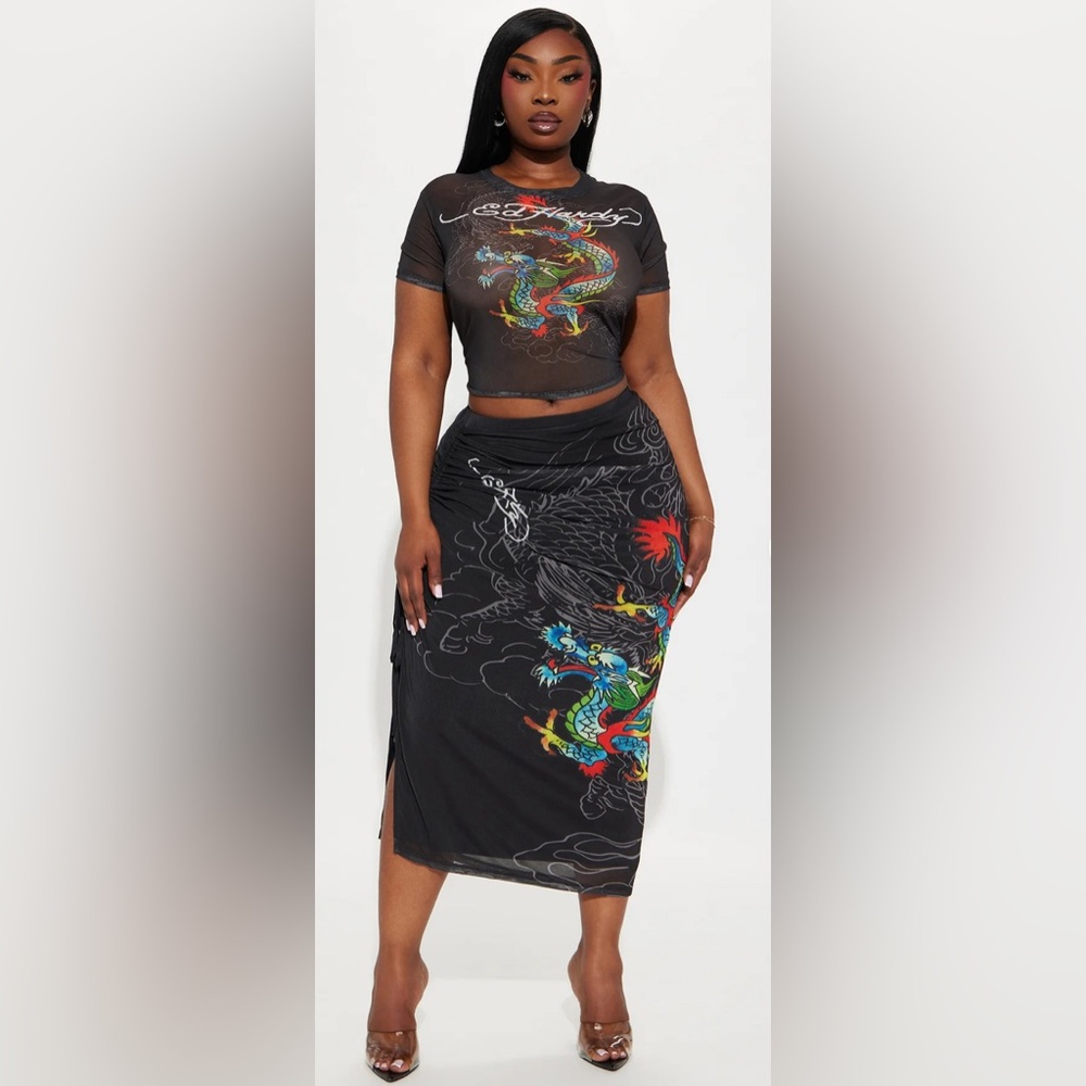 Ed Hardy Black Maxi Skirt with Multicolor Dragon Print